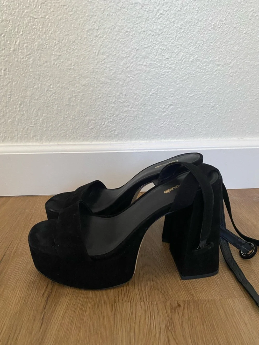 Larroude Dolly Sandal In Black Suede Platform Block Heel Ankle-Tie Sandals